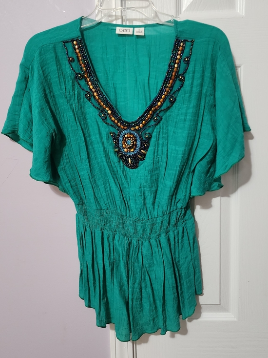 Cato Tops - Cato Teal Beaded V-Neck Peasant Top